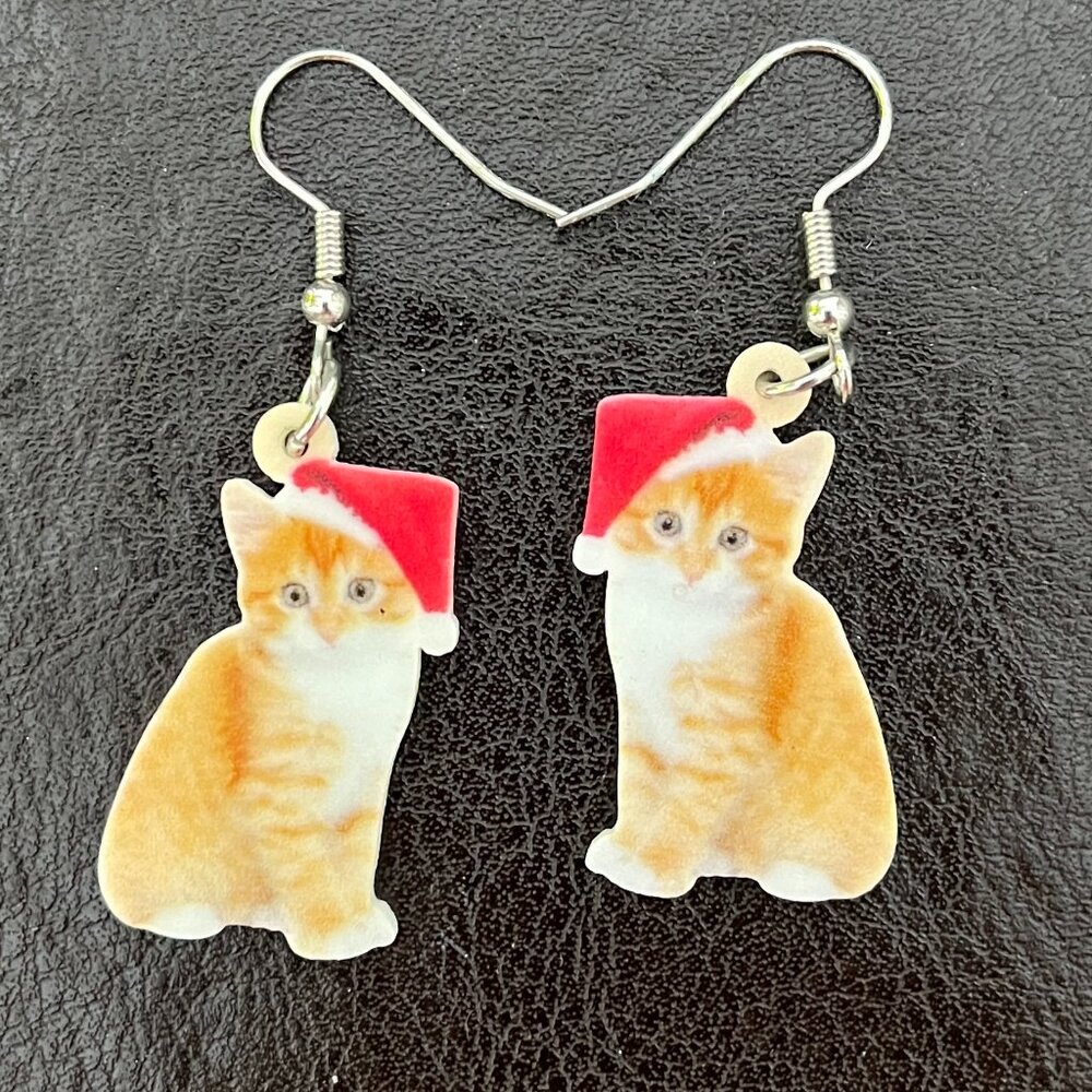 Christmas Cat Earrings Orange Tabby with Santa Hat Earrings